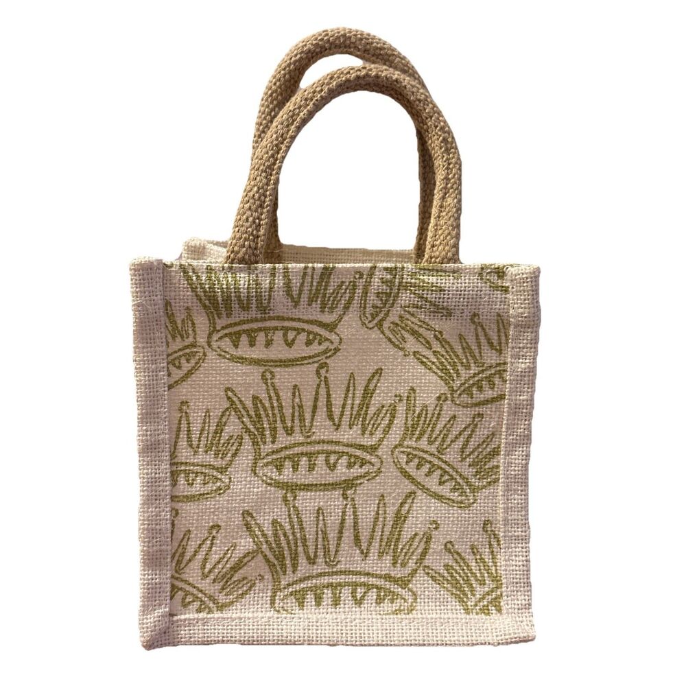 The Royal Standard Petite Jute Tote Bag Crown Pattern Boho Natural Double Handle